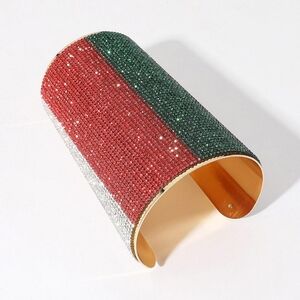 Long Color Block Wide Crystal Armor Style Big Cuff Bracelet Statement Jewelry